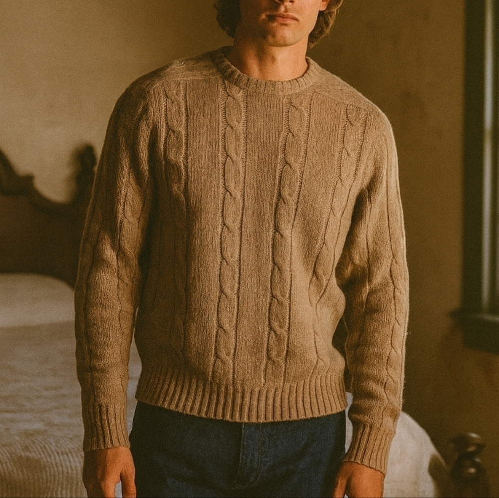 McGregor Vintage Crew Neck Cable Knit Men's Wool Tan Sweater XL Preppy Academia